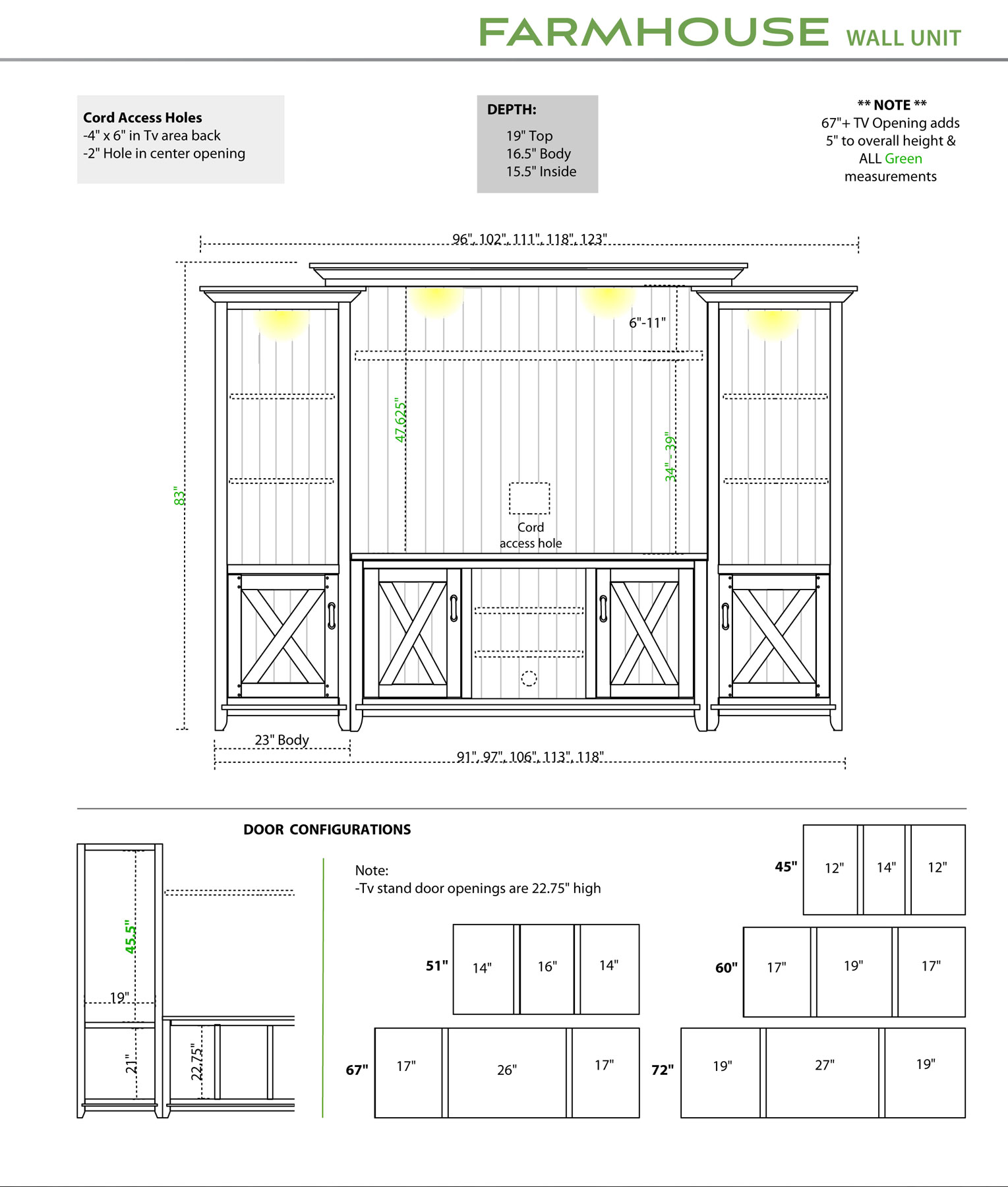 Farmhouse Wall Unit Dimensions and Door Configurations