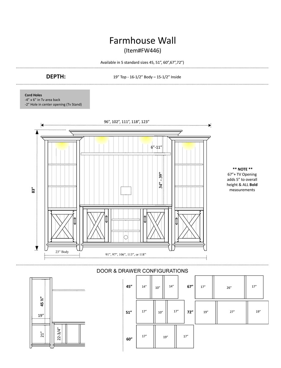 Farmhouse Wall Entertainment Unit Dimensions and door configurations