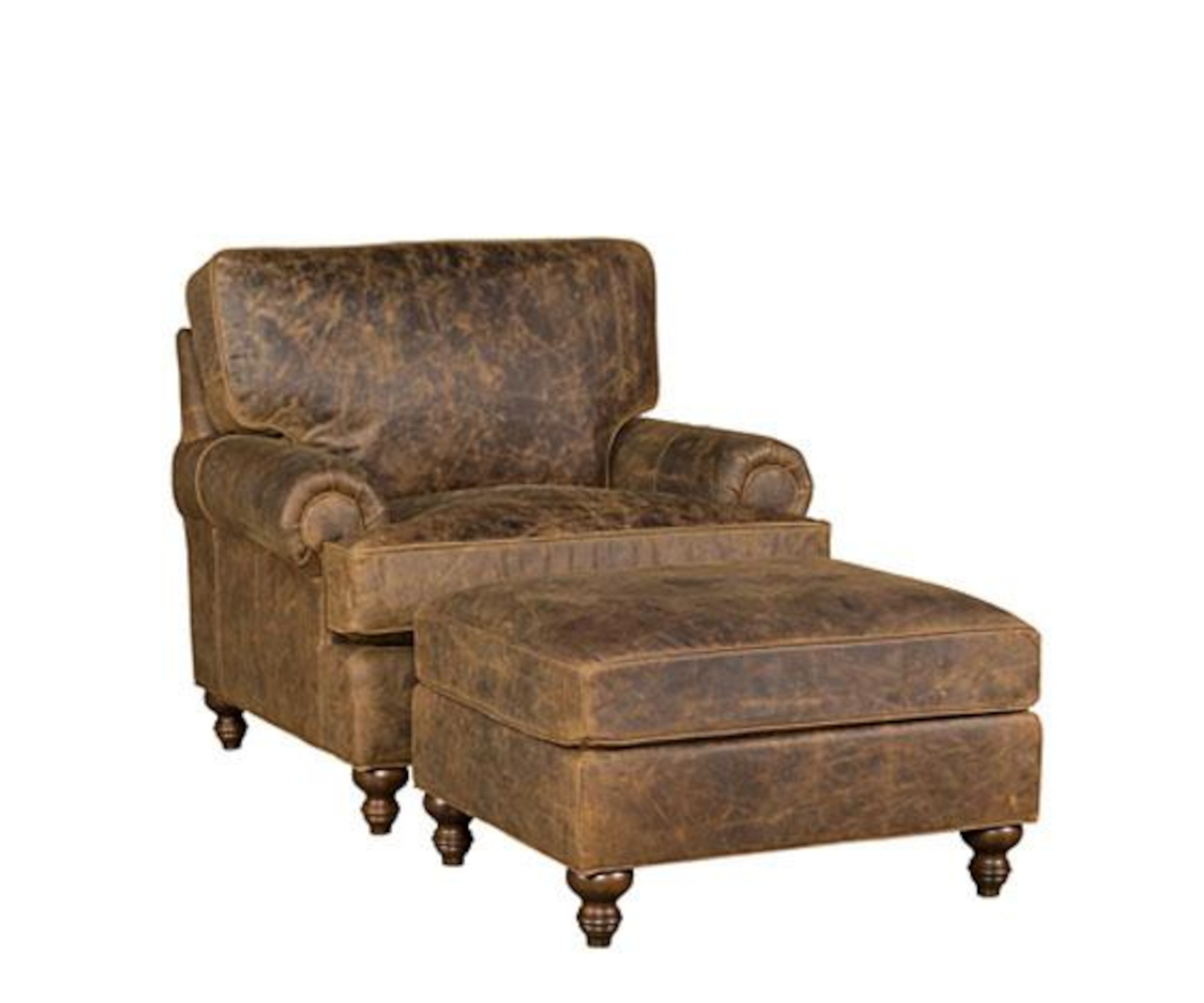 Chatham Chair & Ottoman in Leather Shown with Panel Arm, Attached Back, and Turned Leg
