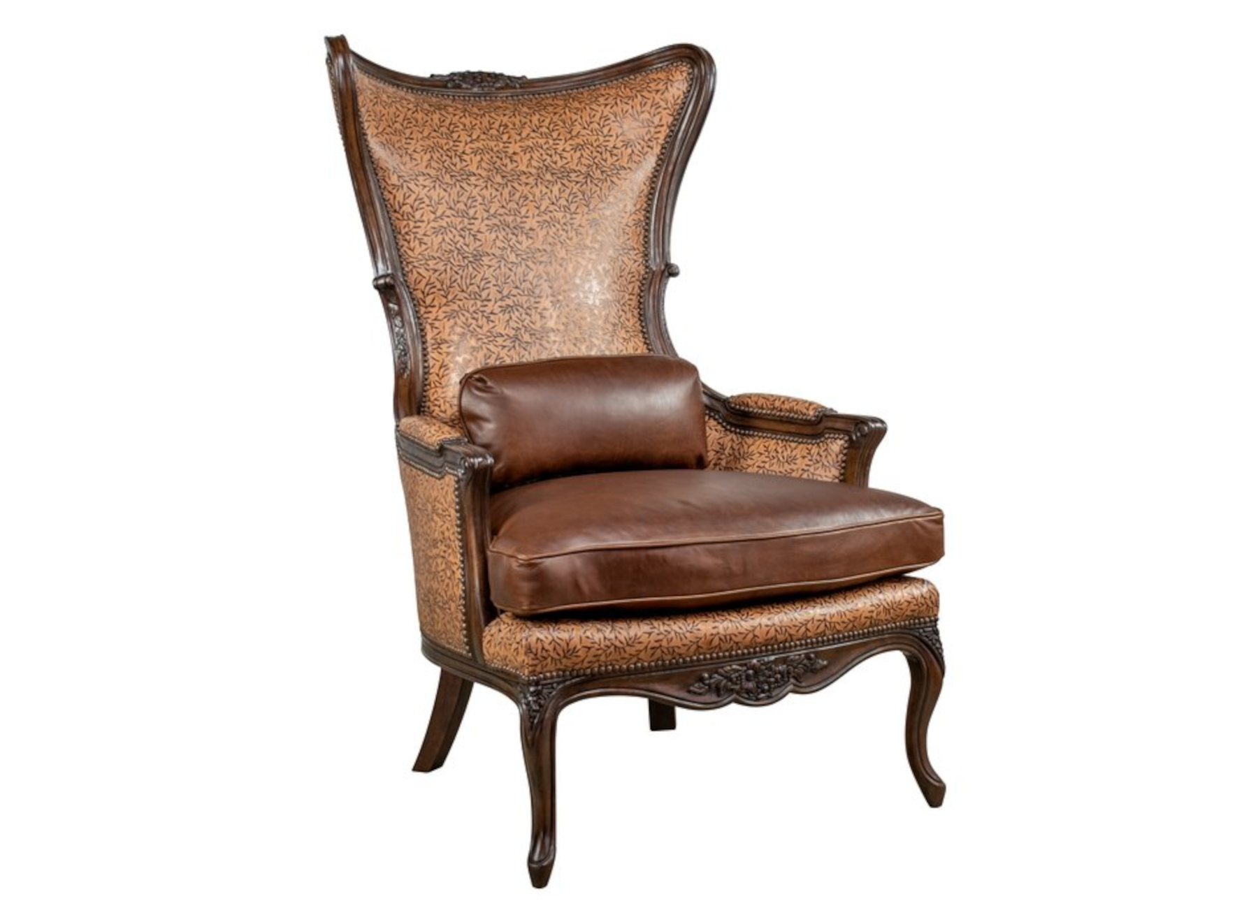 Grand Victoria Wood Carved Wing Chair by Leathercraft