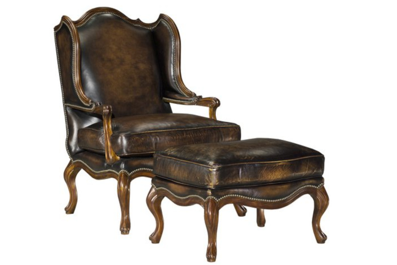 Haute Garrone Wood Carved Wing Chair & Ottoman by Leathercraft