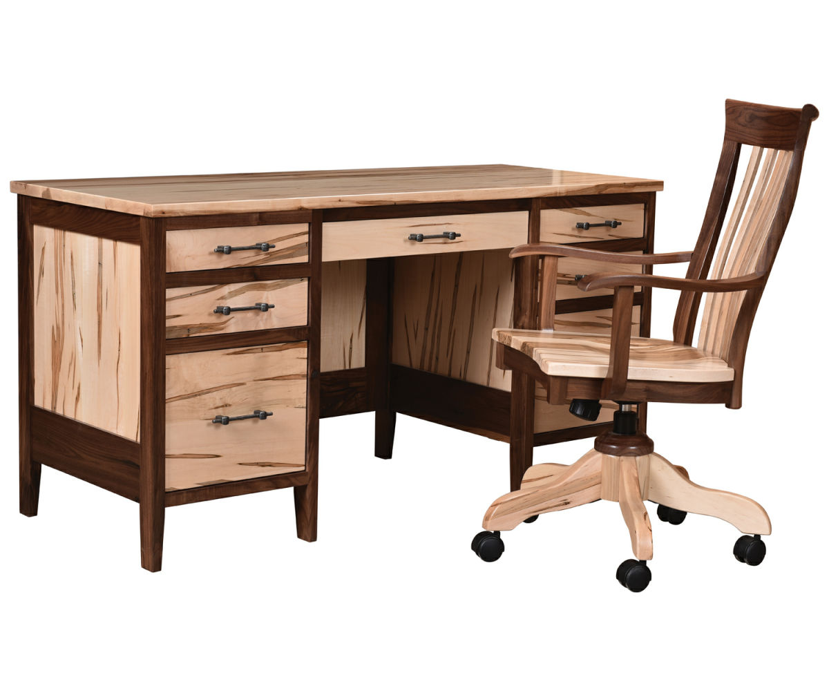 Pierre Desk (PD58) shown in Rustic Walnut and Wormy Maple in a Natural Finish (chair sold separately)