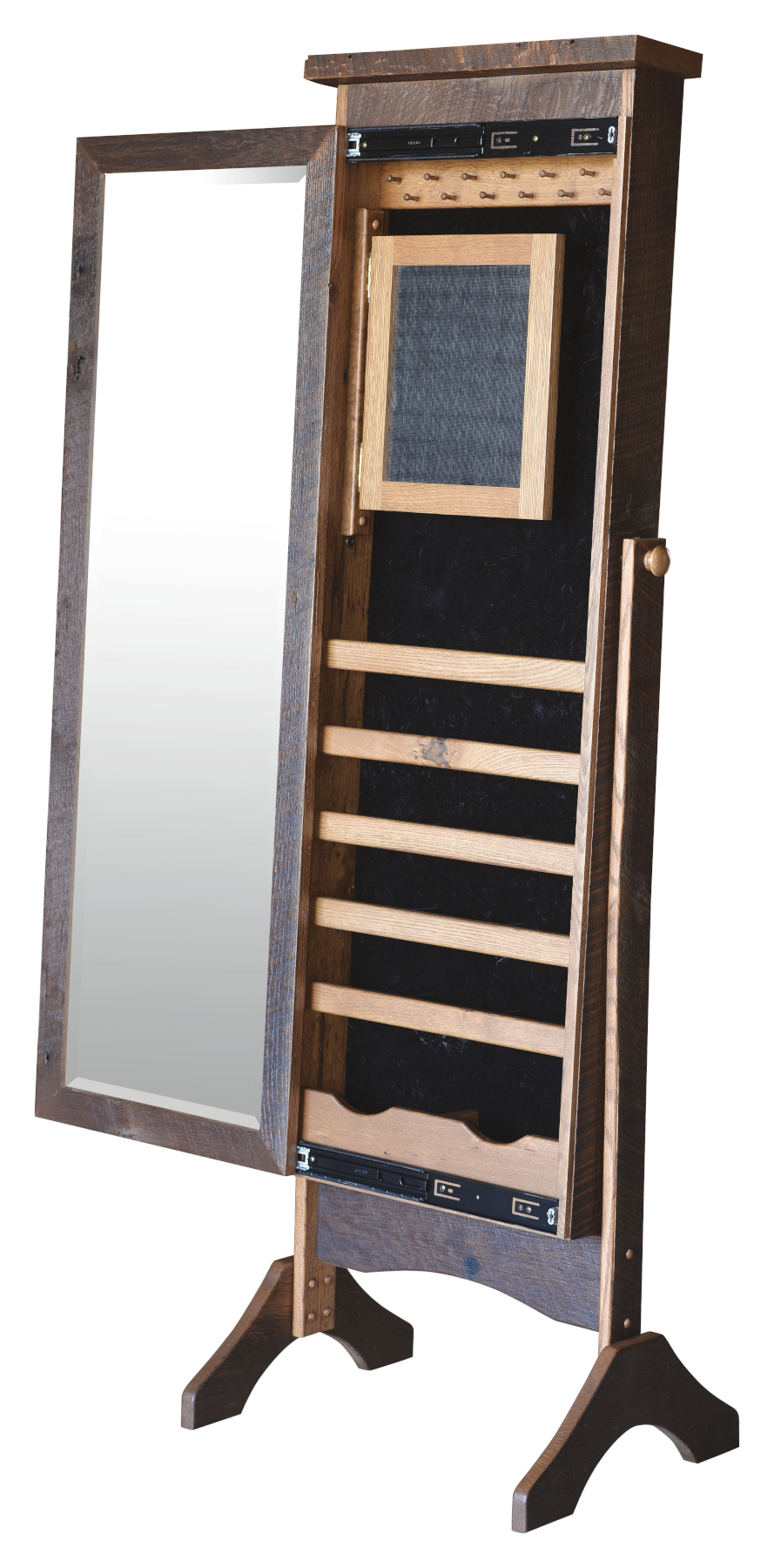 Reclaimed Oak Barnwood Cheval Mirror with Jewelry Storage,  shown with Optional Earring Screen.