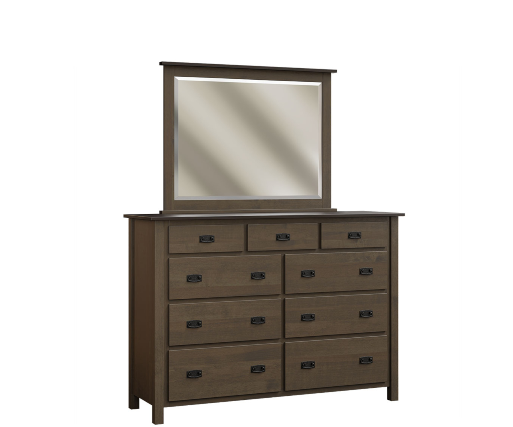 Dutch Country Mission 9 Drawer Dresser & Mirror in Brown Maple with OCS-Smoke Finish (sold separately)