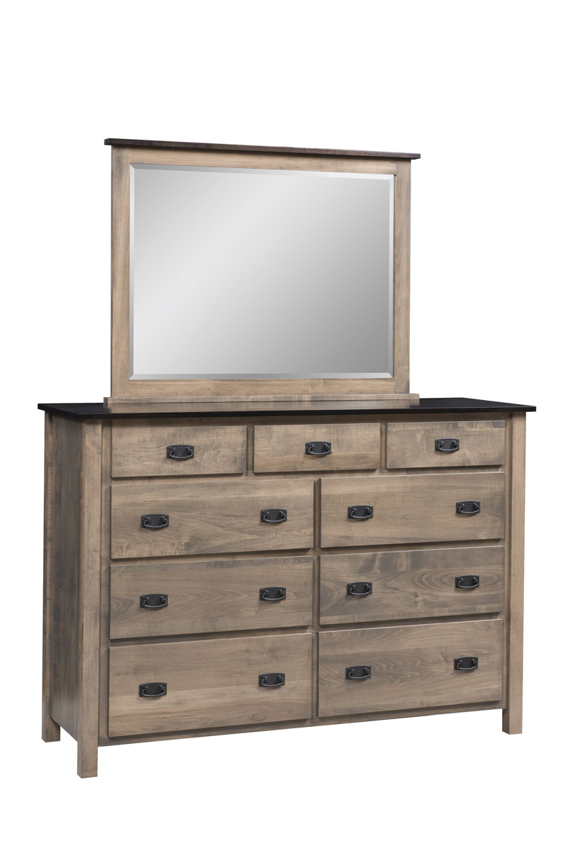 Dutch Country Mission 9 Drawer Dresser and Mirror  in Brown Maple with a Top Finished in Ebony and the Bottom Finished in Cabinet Smoke
