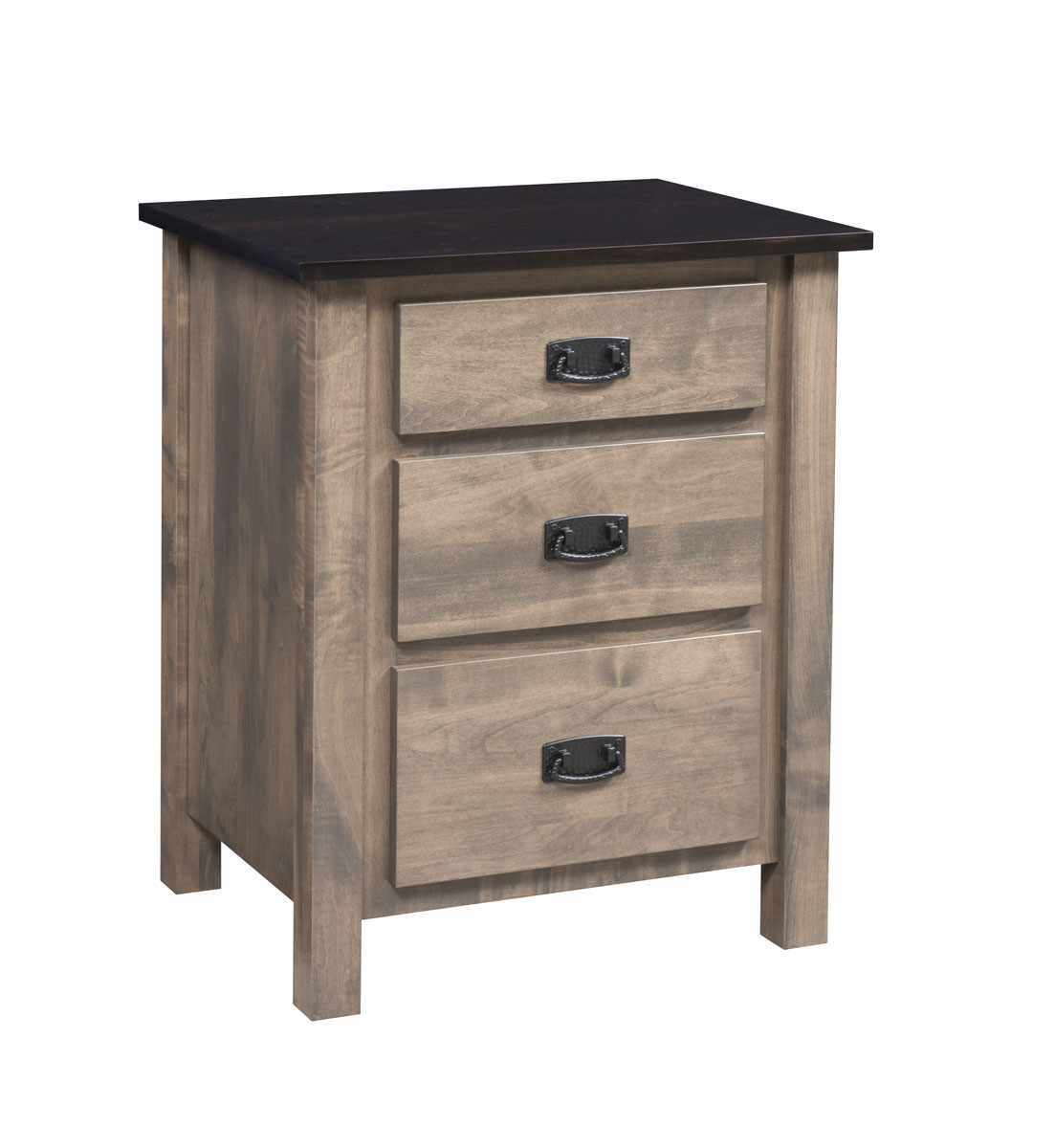Dutch Country Mission 3 Drawer Nightstand in Brown Maple with a Top Finished in Ebony and the Bottom Finished in Cabinet Smoke