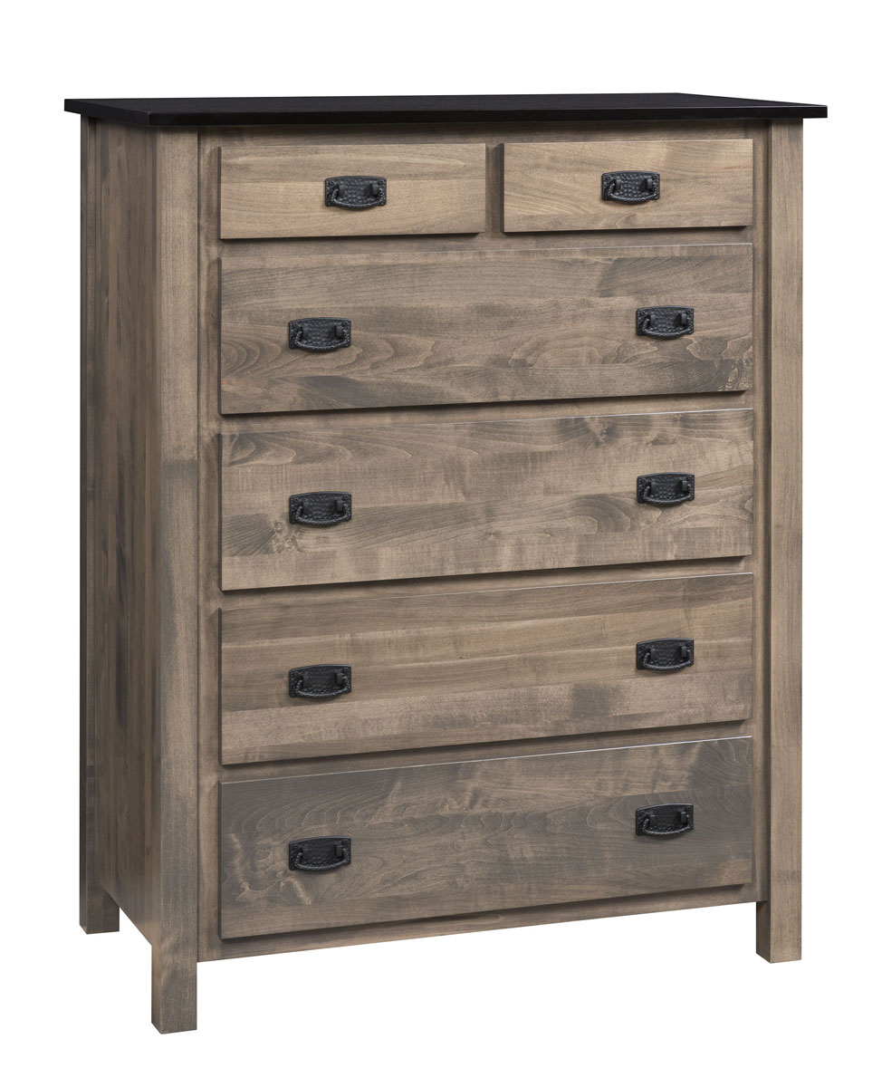 Dutch Country Mission 6 Drawer Chest in Brown Maple with a Top Finished in Ebony and the Bottom Finished in Cabinet Smoke