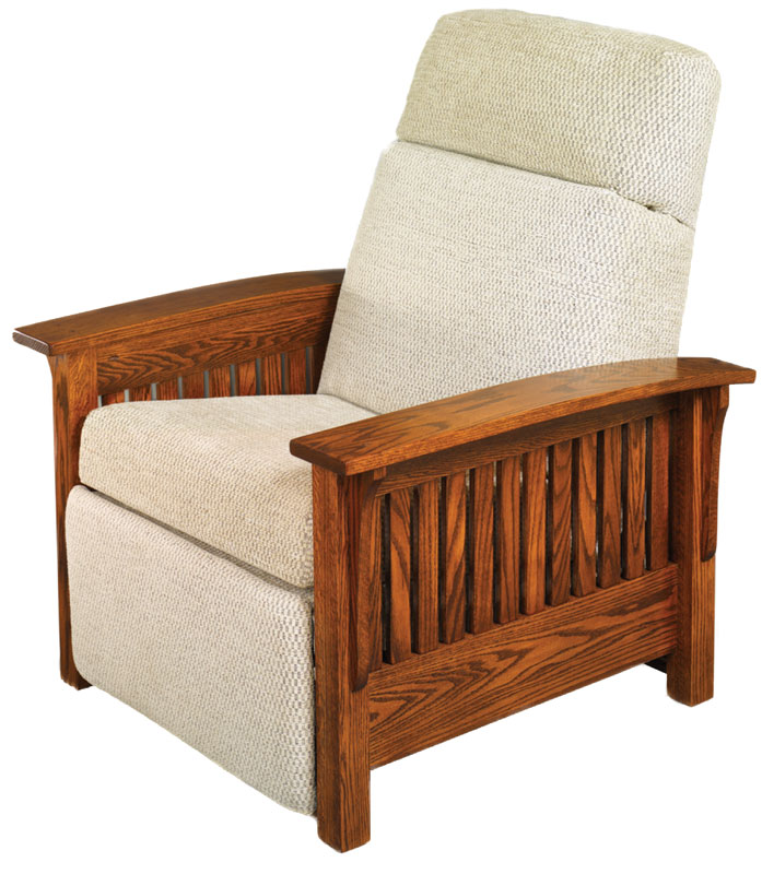 Wall Hugger Mission Recliner in Red Oak with Fabric Cushions