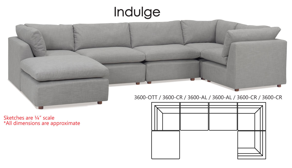 3600 Indulge Sectional with Three Corner Cubes, Two Armless Chairs and ...