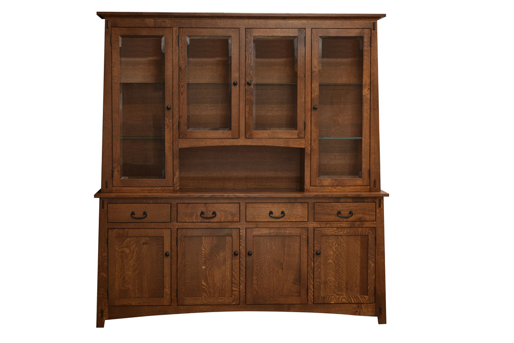 Lodge 4-Door China Hutch Top and 4-Door Buffet with Optional Hardware D-523-BL Knobs and D-521-BL Pulls