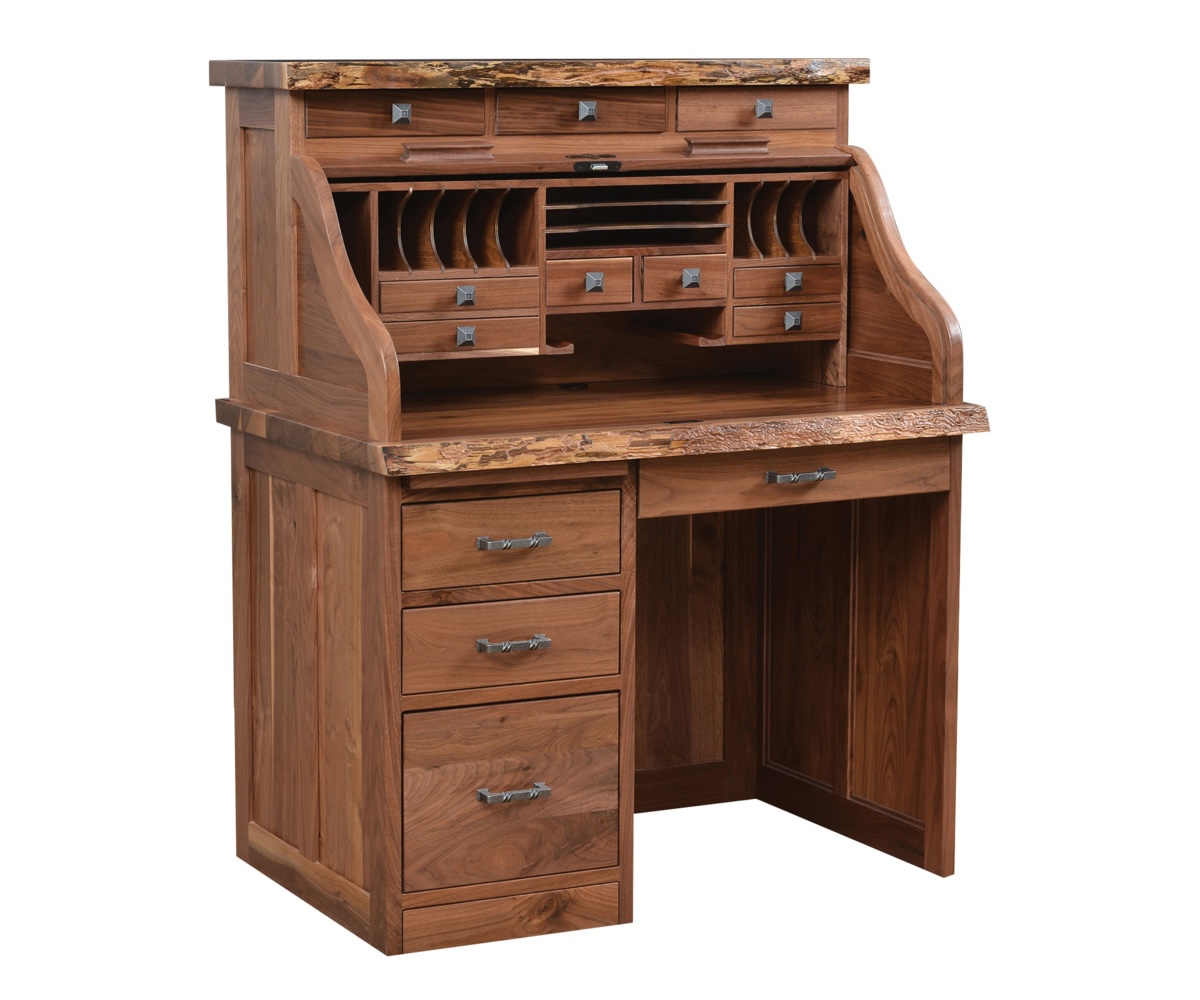 Mission 42" Roll Top Desk with Drawers on Top in Rustic Walnut with Live Edge Top
