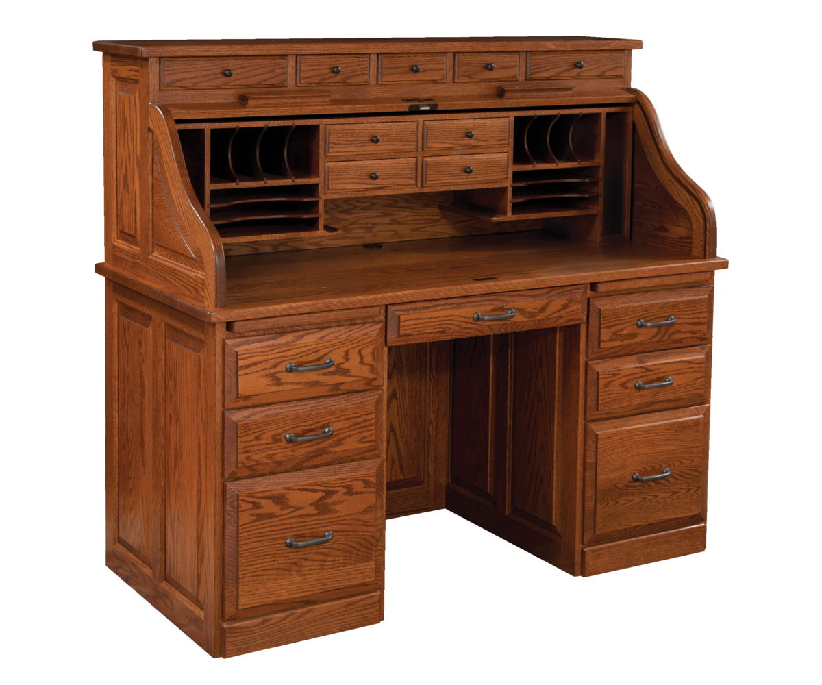 Traditional 56" Roll Top Desk with Drawers on Top in Red Oak