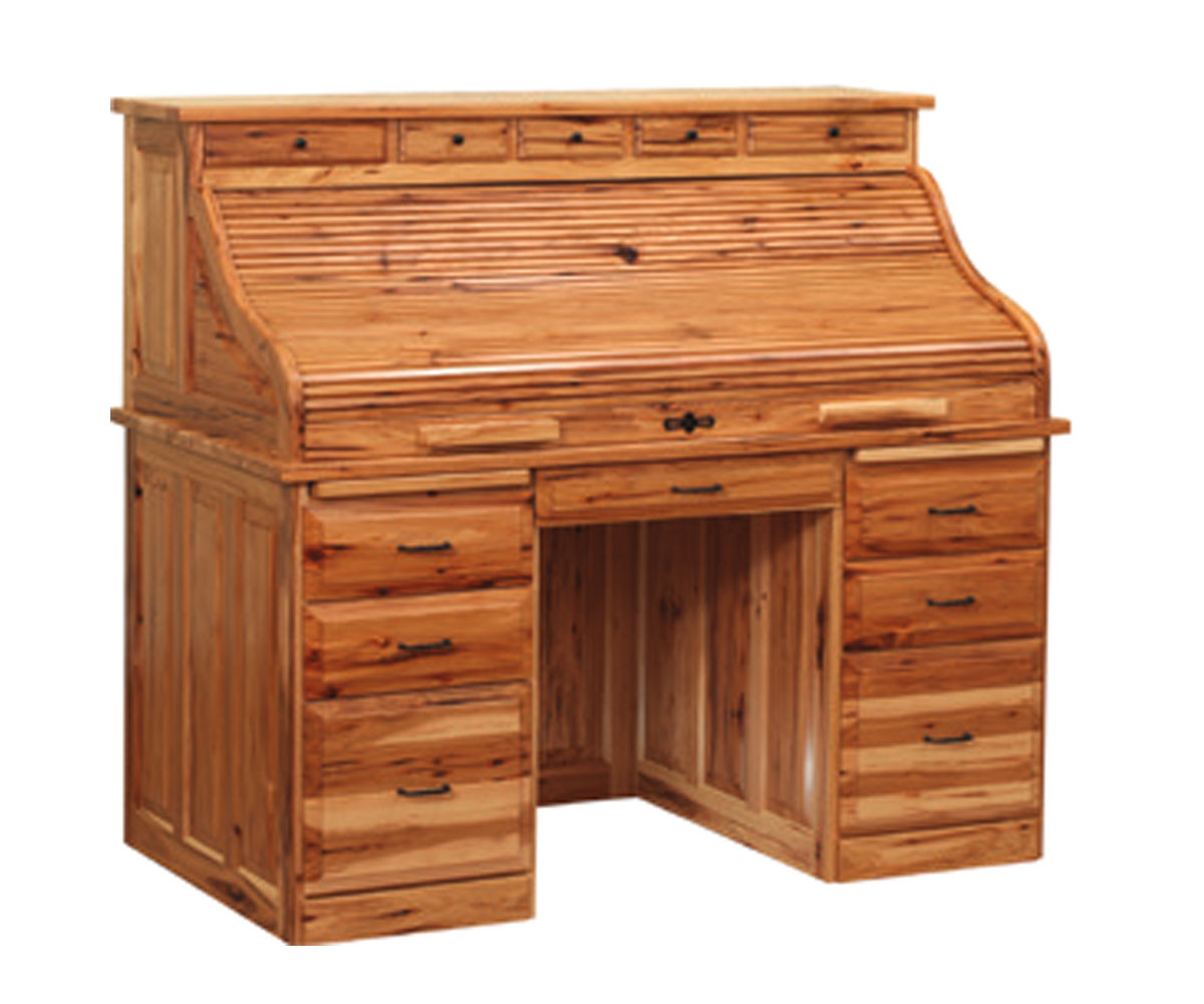 Traditional 56" Roll Top Desk with Drawers on Top in Rustic Hickory Closed