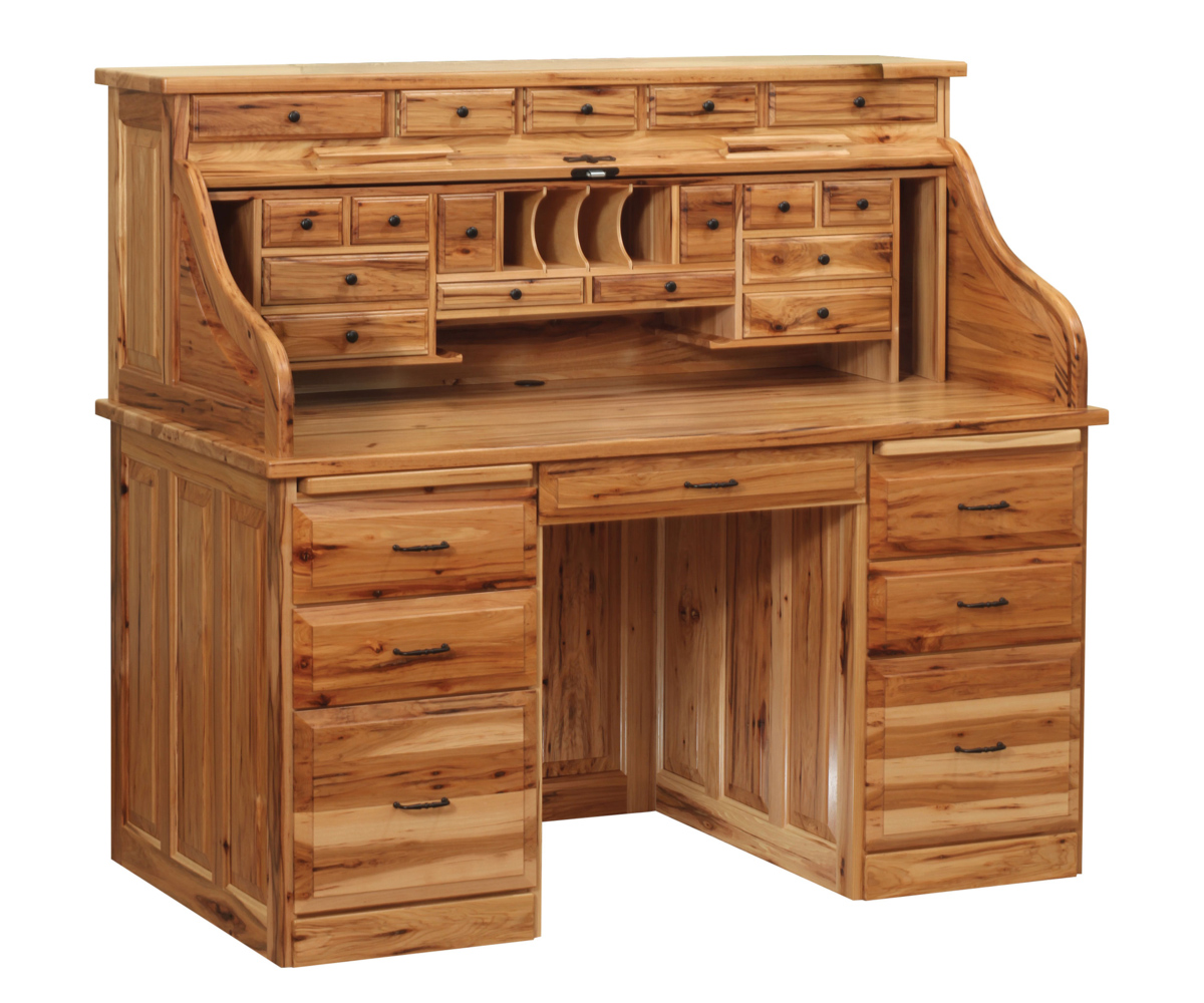 Traditional 56" Roll Top Desk with Drawers on Top in Rustic Hickory