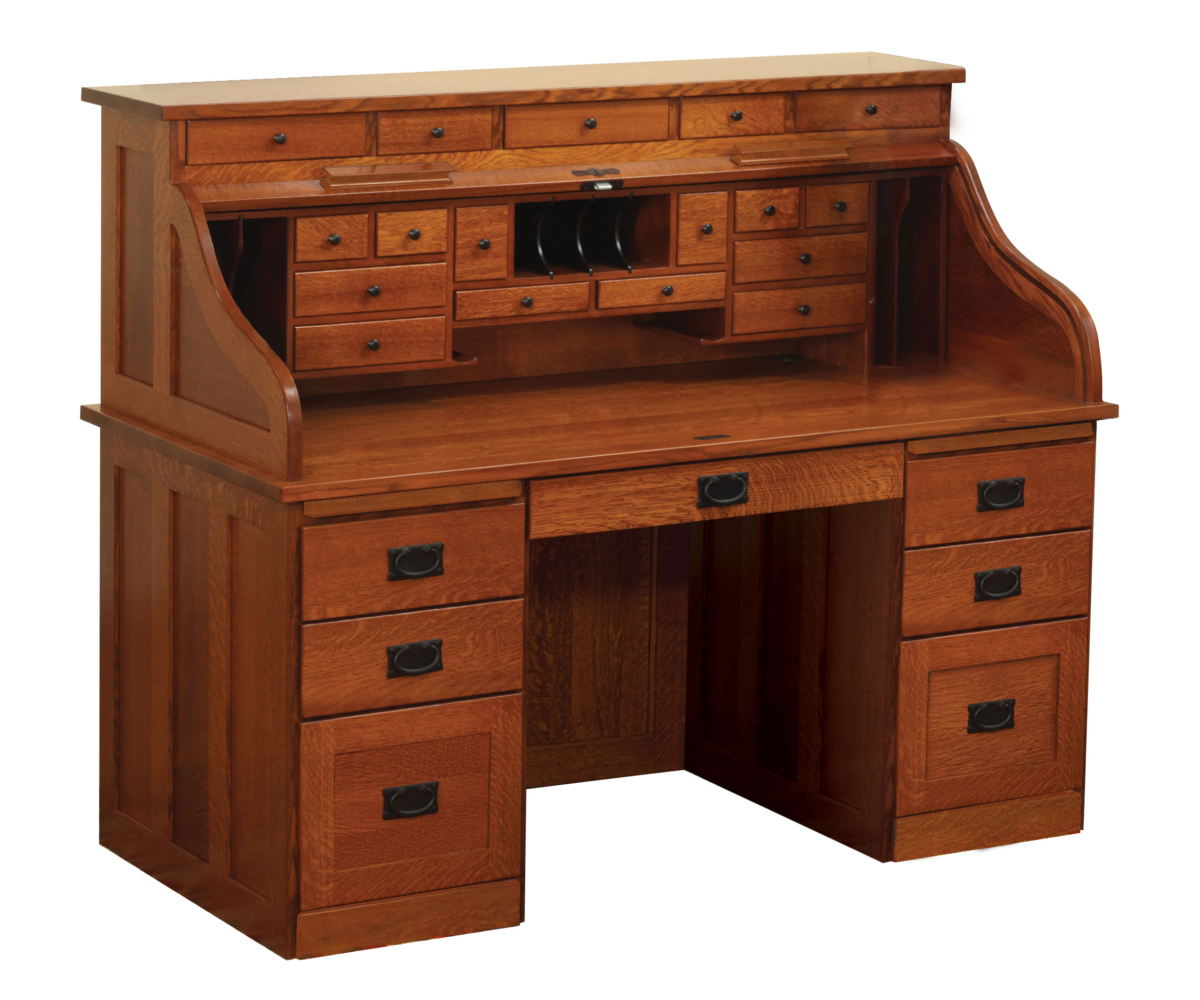 Mission 62" Roll Top Desk with Drawers on Top  in Quartersawn White Oak