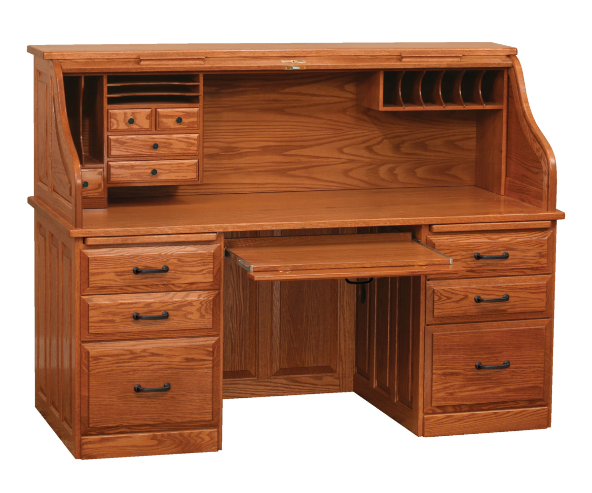 Traditional 68" Computer Roll Top Desk in Red Oak