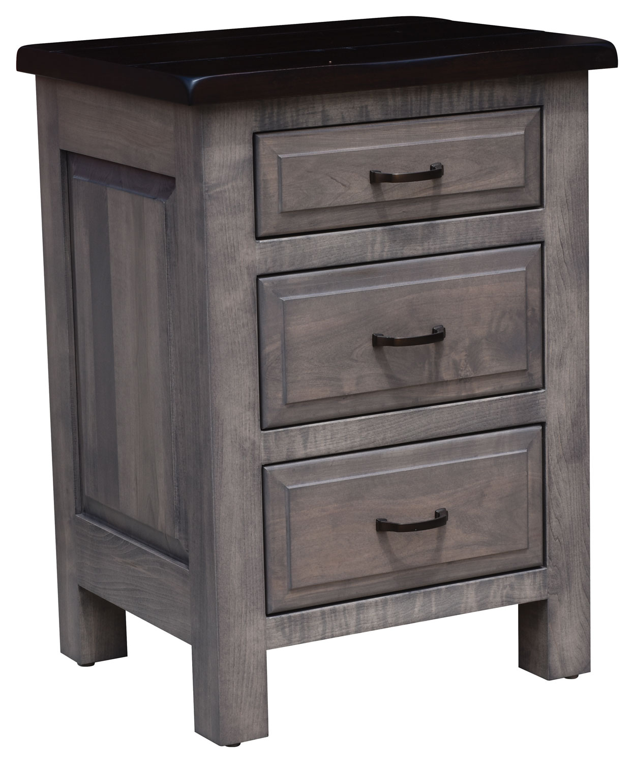 Cleveland 3-Drawer Nightstand shown in Brown Maple on Base with Driftwood and Rustic Cherry Hand planked top with OCS-228 Rich Tobacco Finish.