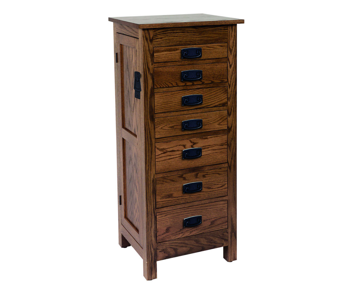 Mission Jewelry Armoire in Red Oak with D-924 BL Knobs and D-925-BL Pulls