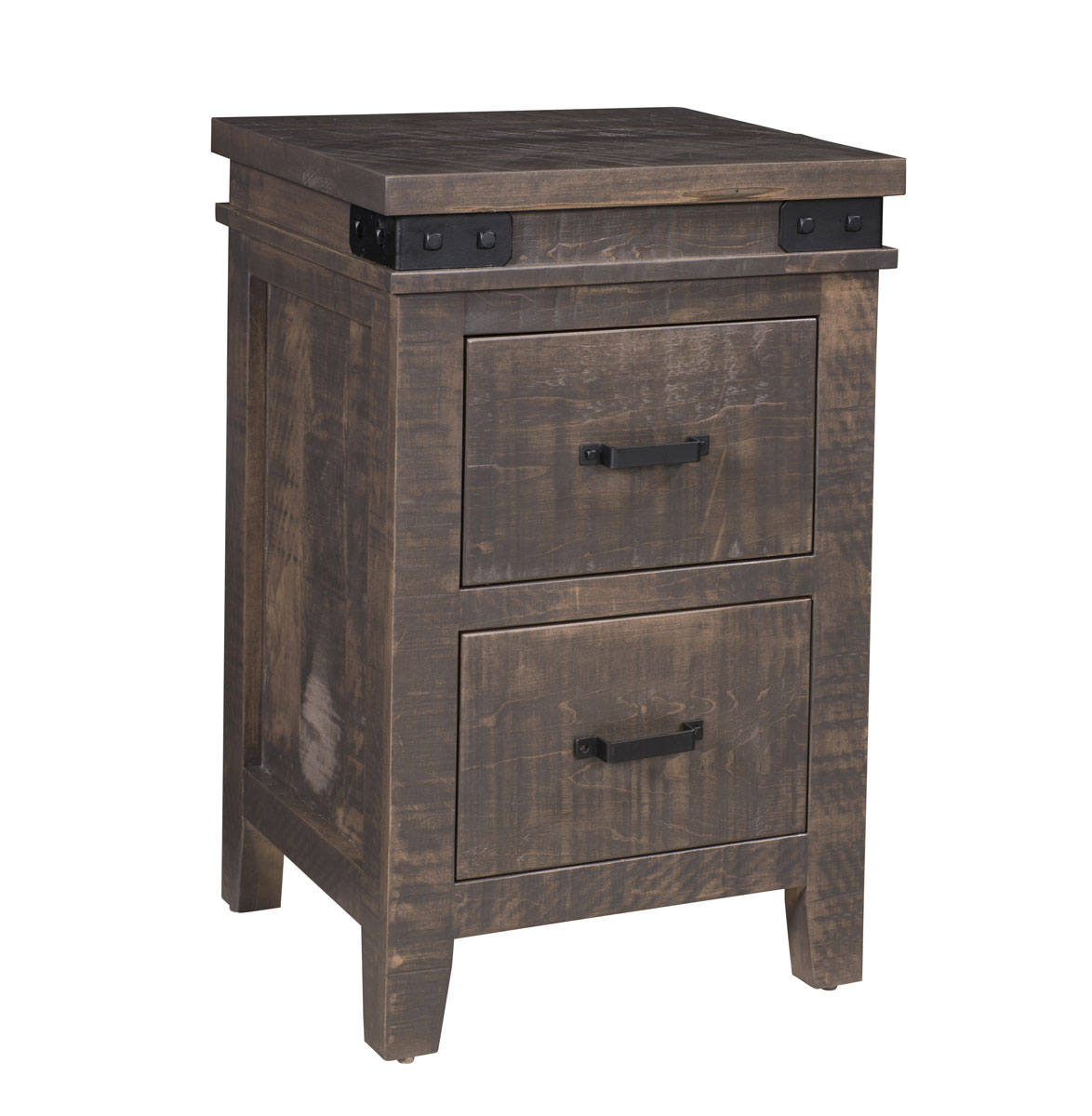 Coalbrooke 2-Drawer Nightstand shown in brown maple with a weathered char finish.