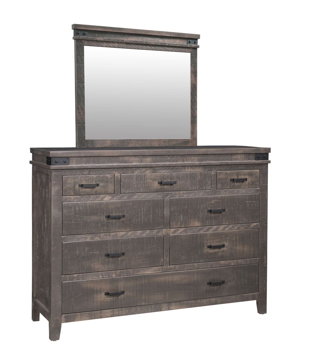 Coalbrooke 60 inch 8-Drawer Dresser with Horizontal Mirror shown in brown maple with a weathered char finish.