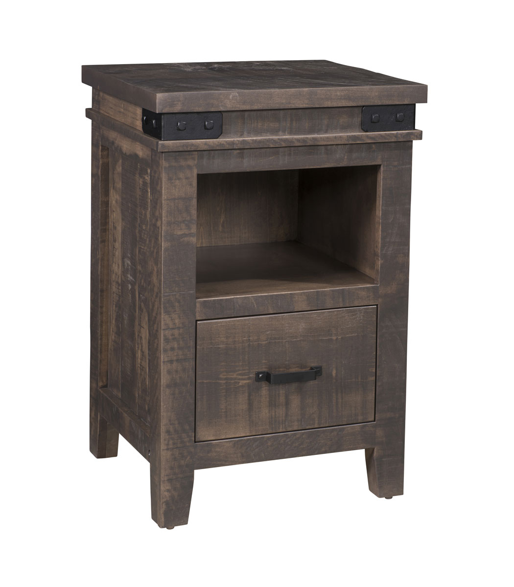 Coalbrooke 1-Drawer Nightstand shown in brown maple with a weathered char finish.