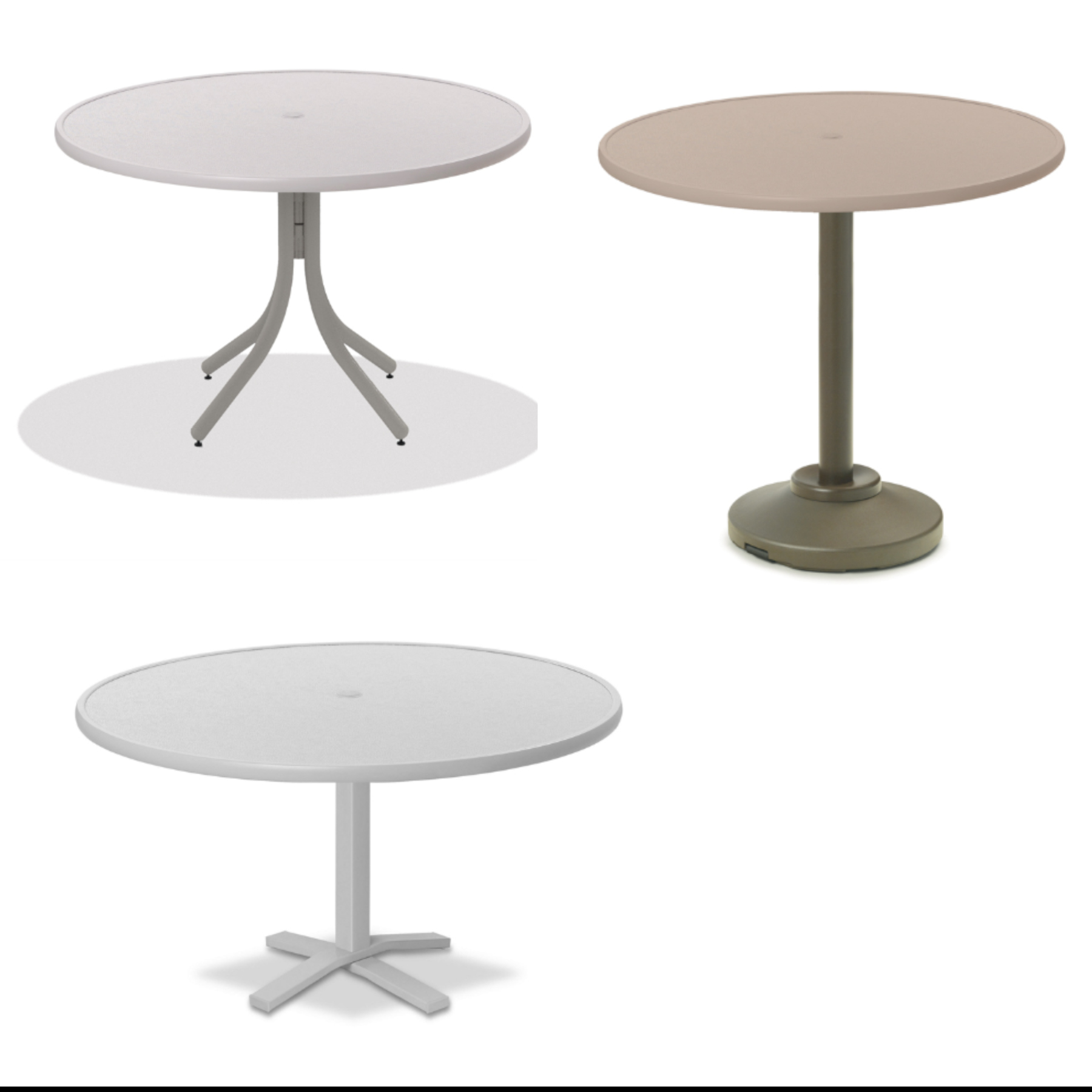 42 inch Round Value Hammered MGP Tables shown in Dining, Balcony and Bar Height