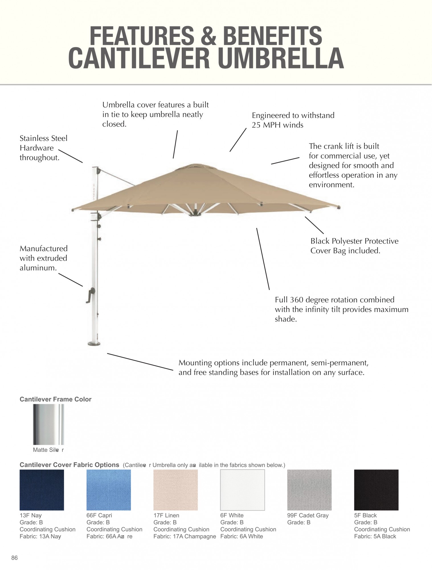 Cantilever Umbrella Fabrics and Features