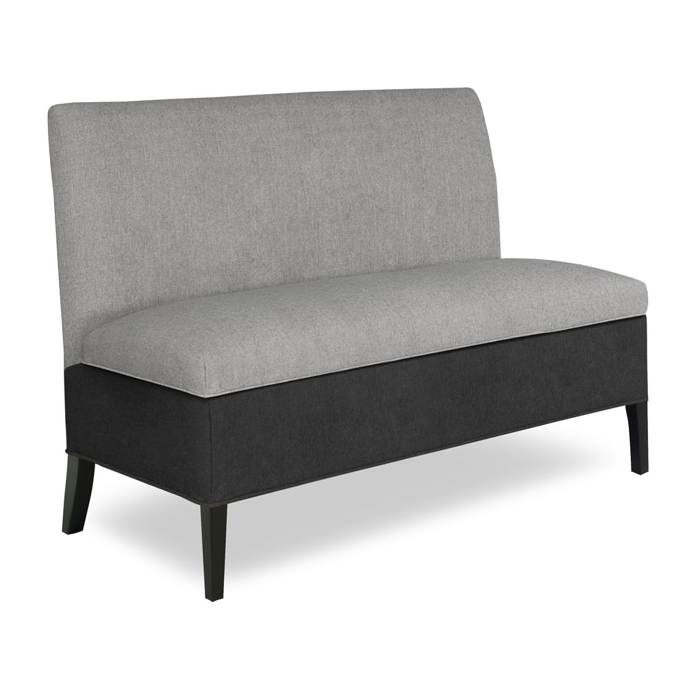 Blythe Storage Banquette shown in Medina Gravel and Medina Charcoal Fabric with an Espresso Finish.